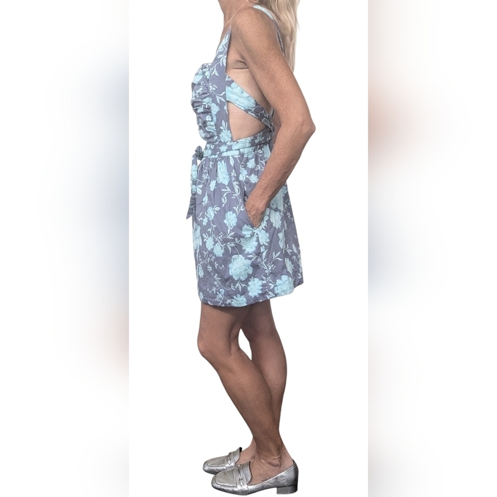 Free People Floral Open Back Mini Dress Blue Ruched Size S - Picture 5 of 12